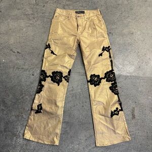 VTG Express Jeans Gold Black Lace Flare Pants Sz 5/6 Retro‎ Grunge Goth Glam